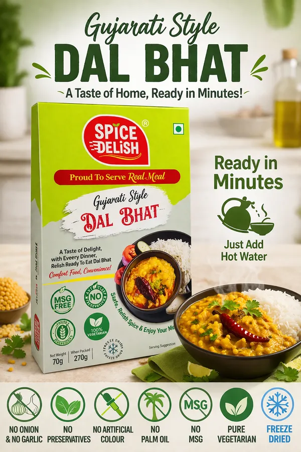 Spice_Delish_Dal_Bhat_Pack_of_2(Rehydrated_Wt.270g_each_pack)|_Instant_Ready_Meal_|Ready_to_Eat|Jain_Favourite|Gujarati_Style_Dal_Bhat-No_Onion,No_Garlic|Just_Add_Hot_Water|Freeze-Dried_Ready_Meal_for_Travel,_Camping,_Office,_Hostel_Students_and_Abroad_Studying_Students_&_Home_|_No_Preservatives_|_No_Artificial_Colours_|_No_Palm_Oil_|_Pure_Vegetarian_Food