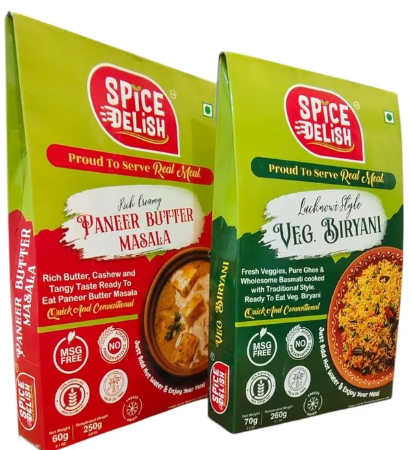 Spice_Delish_Veg_Biryani_&_Paneer_Butter_Masala_Combo_Meal_-_Pack_of_2_(Rehydrated_Wt._510gm)_|_Instant_Ready_Meal_|_Freeze_Dried_|_Ready_to_Eat_|_Rich_Creamy_&_Buttery_Spicy_Paneer_Butter_Masala_Punjabi_Meal_&_Dum_Lucknowi_Style_Veg_Biryani_-_Family_Favourite_Combo_|_Just_Add_Hot_Water_|_Instant_Meal_for_Travel,_Camping,_Office,_Abroad_&_Hostel_Students_&_Home,_Emergency_Food_|_No_Preservatives__|_No_Added_Colours_or_Flavours_|_No_Palm_Oil_|_Vegetarian_meal