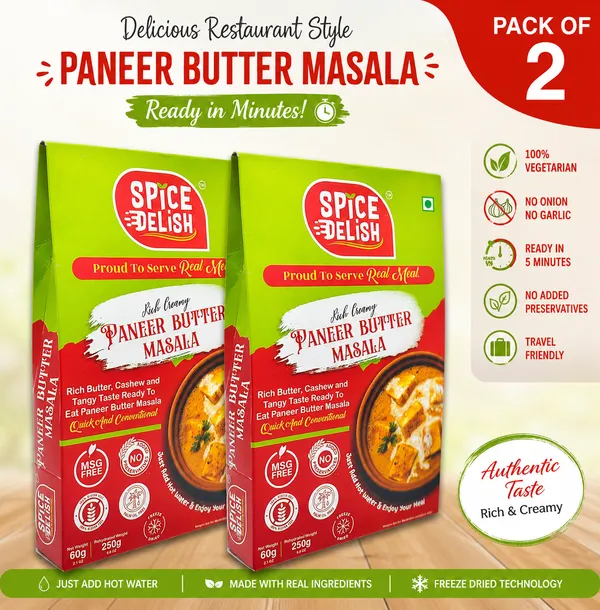 Spice_Delish_Paneer_Butter_Masala_-_Pack_of_2_(Rehydrated_Wt._250g_each_pack)_|_Ready_to_Eat_|_Instant_Ready_Meal_|_Creamy_&_Buttery_Cashews_Tomatoes_Punjabi_Flavour_|_Just_Add_Hot_Water_|_Freeze-Dried_|_No_Preservatives_|_No_Artificial_Colour_|_No_Palm_Oil_|_No_MSG