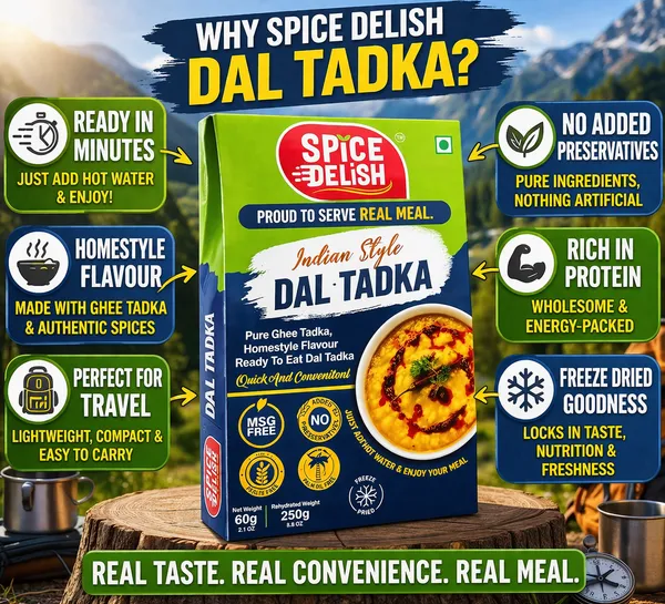 Spice_Delish_Dal_Tadka_Pack_of_2(Rehydrated_Wt.-_250g_each)_|_Instant_Ready_Meal_|_Ready_to_Eat_|_Desi_Ghee_&_GarlicTadka_Flavour_|_Just_Add_Hot_Water_|_Freeze-Dried_Ready_Meal_for_Travel,_Camping,_Office,_Hostel_Students_&_Home_|_No_Preservatives__|_No_Added_Colours_or_Flavours_|_No_Palm_Oil_|_Pure_Veg