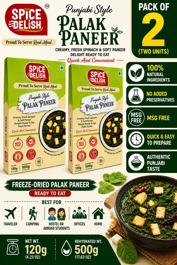 Spice_Delish_Palak_Paneer_(Pack_of_2)_(Rehydrated_Wt._250g_for_each_pack)_|_Ready_to_Eat_Meal_|_Dhaba_Style_-_Creamy_Buttery_&_Spinach_Flavour_|_Freeze_Dried_-_Instant_Meal_|_Just_Add_Hot_Water_|_Pure_Veg_|_Best_for_Travel,_Camping,_Office,_Students,_Emergency_Storage_Meal