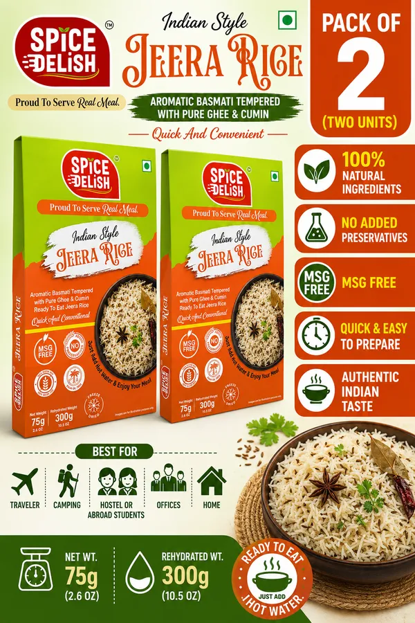 Spice_Delish_Jeera_rice_(Pack_of_2)_(Rehydrated_Wt._300g_each_pack)|_Instant_Ready_Meal_|_Ready_to_Eat_|_Pure_Ghee_&_Shahi_Jeera_Tadka_Flavour_|Just_Add_Hot_Water|_Freeze-Dried_Ready_Meal_for_Travellers_,_Camping,_Students,_Office_|_Pure_Veg_|_No_Preservative__|_No_Artificial__Colour_|_No_Palm_Oil