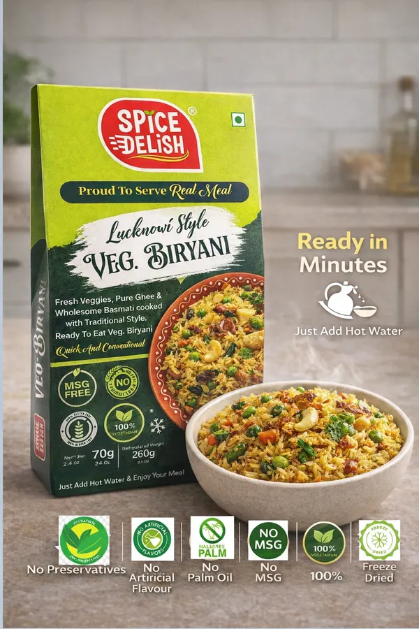 Spice_Delish_Instant_Veg_Biryani_Pack_of_2_|_Instant_Ready_Meal_|_Ready_to_Eat_(Rehydrated_Wt._260g_each_pack)_|_Lucknowi_Dum_Biryani_Flavour_with_Full_of_Veggies_|_Quick_Easy_Ready_Freeze-Dried_|_Just_Add_Hot_Water_|_Ready_Meal_for_Travel,_Camping,_Office,_Abroad,_NRI_&_Hostel_Students_&_Home_|_No_Preservatives__|_No_Added_Colours_or_Flavours_|_No_Palm_Oil_|_No_MSG