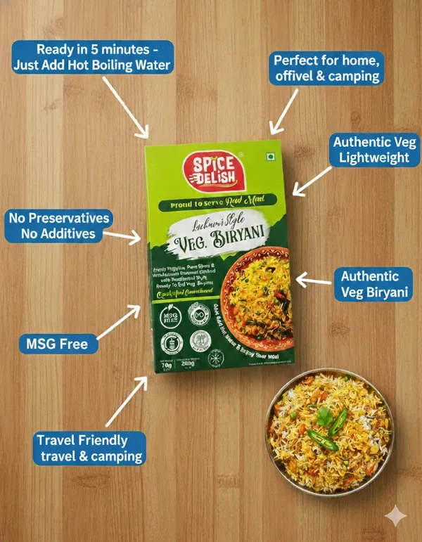 Spice_Delish_Instant_Veg_Biryani_Pack_of_2_|_Instant_Ready_Meal_|_Ready_to_Eat_(Rehydrated_Wt._260g_each_pack)_|_Lucknowi_Dum_Biryani_Flavour_with_Full_of_Veggies_|_Quick_Easy_Ready_Freeze-Dried_|_Just_Add_Hot_Water_|_Ready_Meal_for_Travel,_Camping,_Office,_Abroad,_NRI_&_Hostel_Students_&_Home_|_No_Preservatives__|_No_Added_Colours_or_Flavours_|_No_Palm_Oil_|_No_MSG