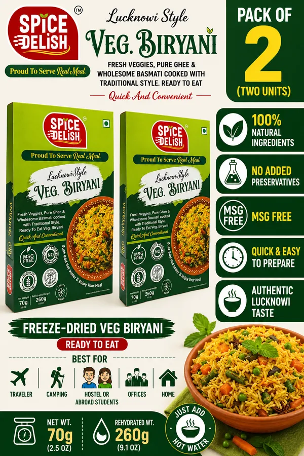 Spice_Delish_Instant_Veg_Biryani_Pack_of_2_|_Instant_Ready_Meal_|_Ready_to_Eat_(Rehydrated_Wt._260g_each_pack)_|_Lucknowi_Dum_Biryani_Flavour_with_Full_of_Veggies_|_Quick_Easy_Ready_Freeze-Dried_|_Just_Add_Hot_Water_|_Ready_Meal_for_Travel,_Camping,_Office,_Abroad,_NRI_&_Hostel_Students_&_Home_|_No_Preservatives__|_No_Added_Colours_or_Flavours_|_No_Palm_Oil_|_No_MSG