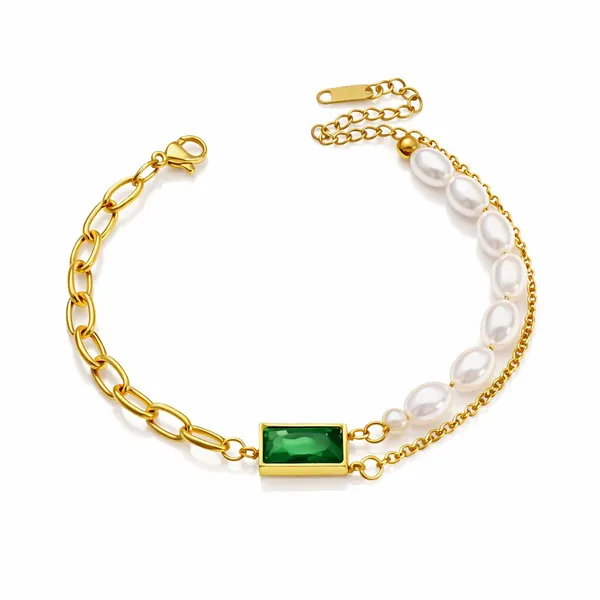 18K_Gold_Plated_Emerald_Green_Stone_&_Pearl_Chain_Bracelet