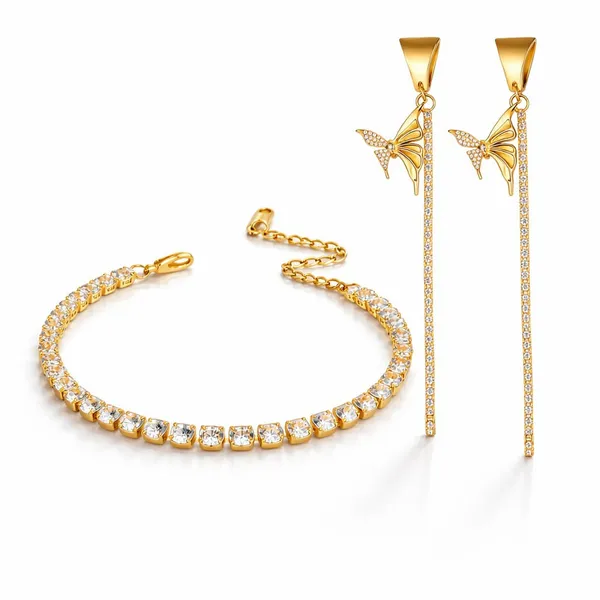 18K_Gold_Plated_Crystal_Tennis_Bracelet_&_Butterfly_Drop_Earrings_Set_(2-Piece_Set)