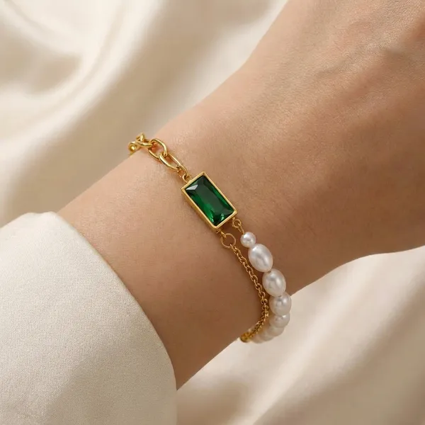 18K_Gold_Plated_Emerald_Green_Stone_&_Pearl_Chain_Bracelet