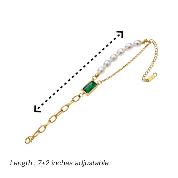 18K_Gold_Plated_Emerald_Green_Stone_&_Pearl_Chain_Bracelet