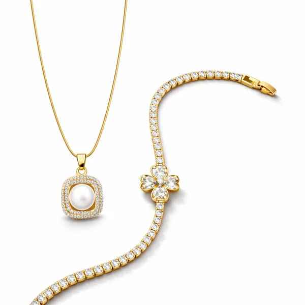 18K_Gold_Plated_Pearl_Pendant_Necklace_&_Crystal_Flower_Tennis_Bracelet_Set_(2-Piece_Set)