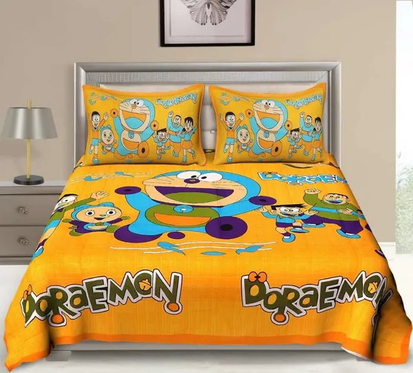 Cotton_Cartoon_Print_Orange_Bed_Sheet_With_2_Pillow_Covers