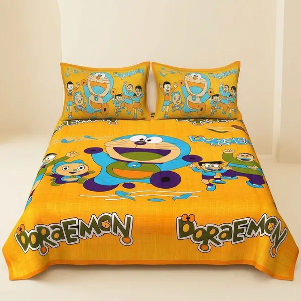 Cotton_Cartoon_Print_Orange_Bed_Sheet_With_2_Pillow_Covers