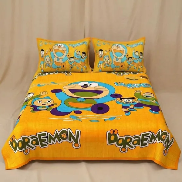 Cotton_Cartoon_Print_Orange_Bed_Sheet_With_2_Pillow_Covers