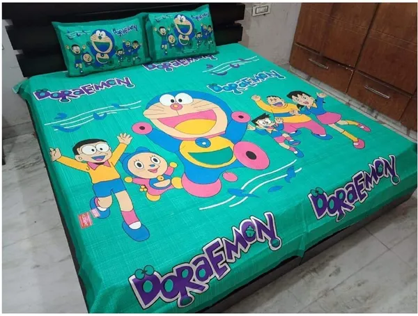 Cotton_Cartoon_Print_Green_Bed_Sheet_With_2_Pillow_Covers