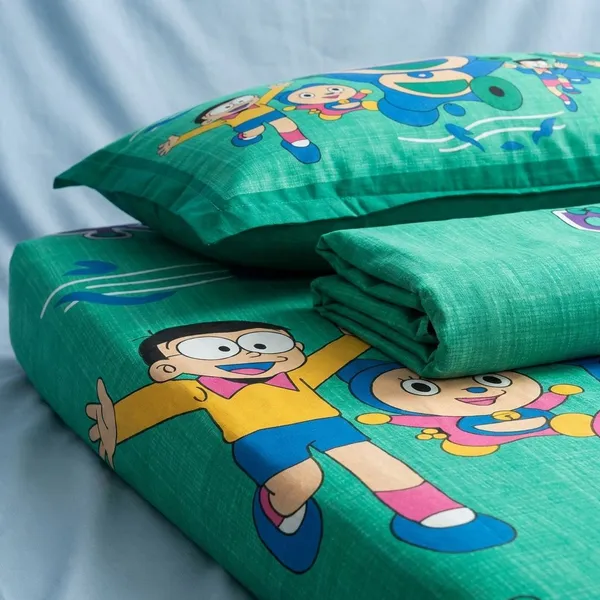 Cotton_Cartoon_Print_Green_Bed_Sheet_With_2_Pillow_Covers