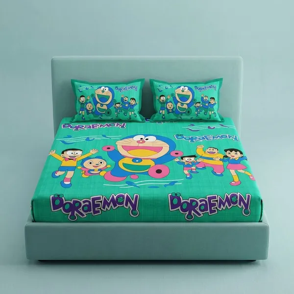 Cotton_Cartoon_Print_Green_Bed_Sheet_With_2_Pillow_Covers