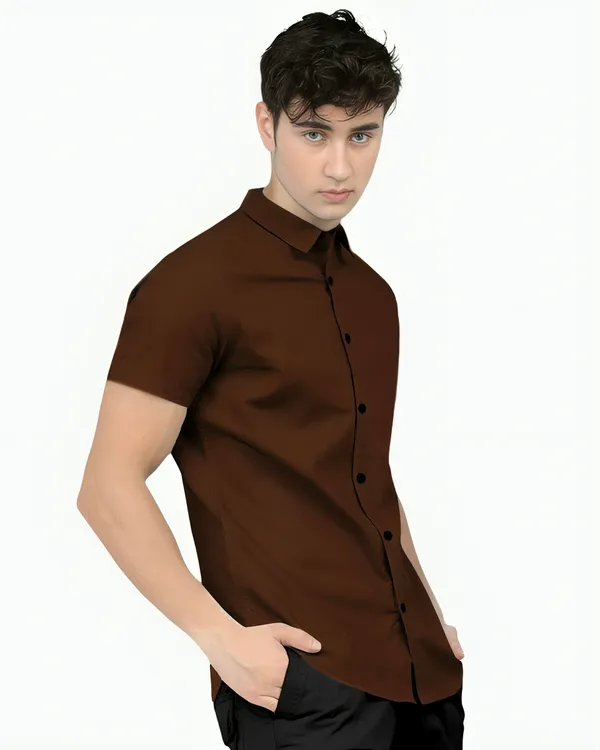 Brown_Premium_Half_Sleeves_Plain_Shirts_For_Men