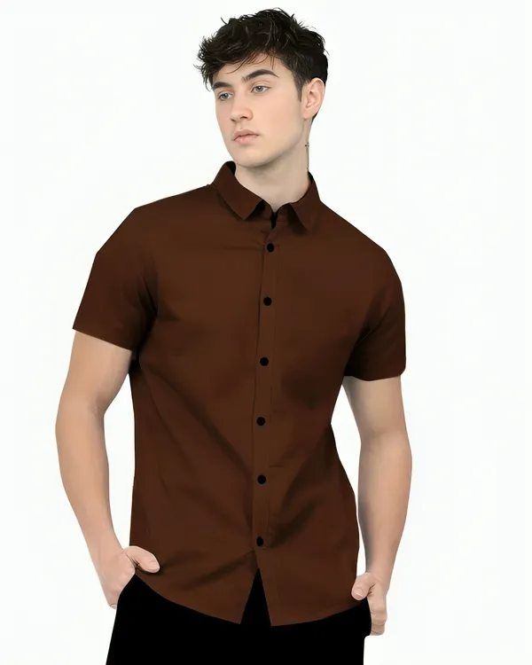 Brown_Premium_Half_Sleeves_Plain_Shirts_For_Men