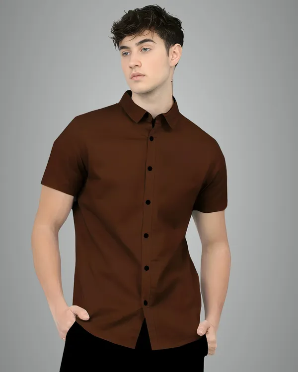 Brown_Premium_Half_Sleeves_Plain_Shirts_For_Men