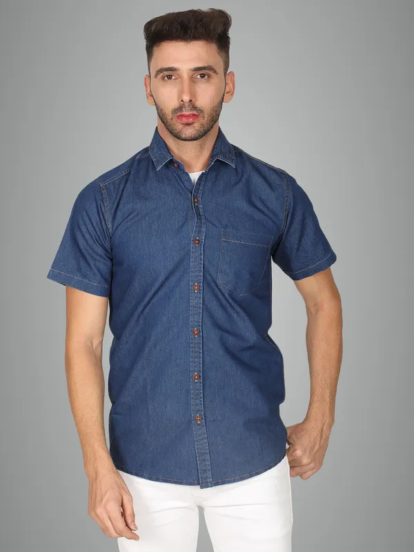 Dark_Blue_Premium_Half_Sleeves_Denim_Shirts_For_Men