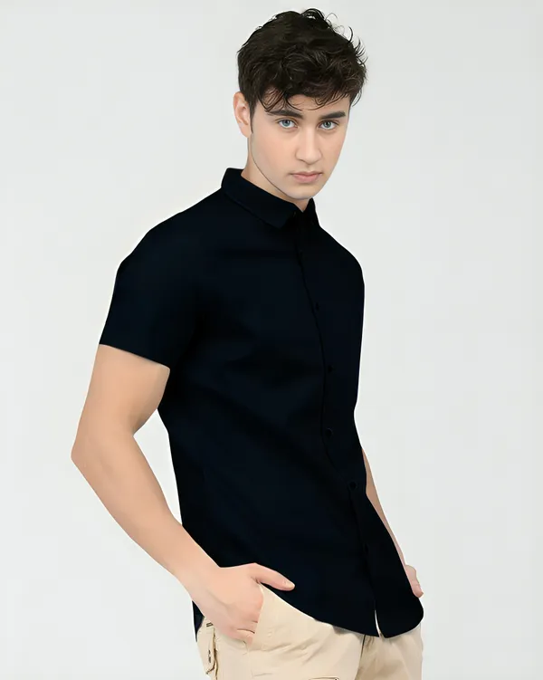 Navy_Blue_Premium_Half_Sleeves_Plain_Shirts_For_Men