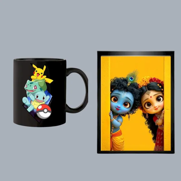 Radha_Krishna_Wooden_And_Glass_Frame_And_Pokemon_Premium_Ceramic_Mug_Pack_Of_2