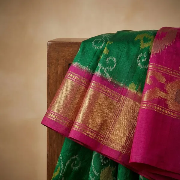 Deep_Green_And_Orange_Designer_Printed_And_Dolla_Silk_Fabric_Saree