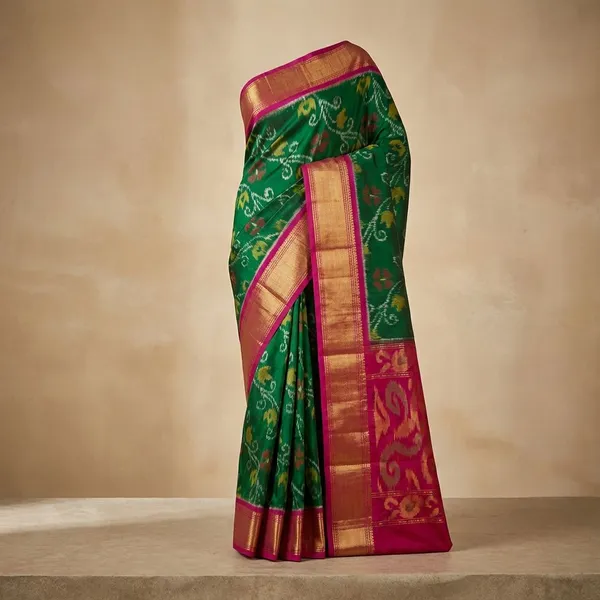 Deep_Green_And_Orange_Designer_Printed_And_Dolla_Silk_Fabric_Saree