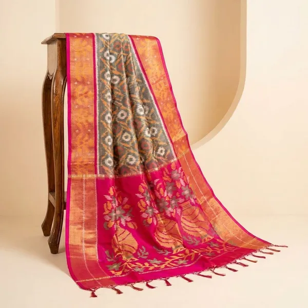 Orange_And_Grey_Designer_Printed_And_Dolla_Silk_Fabric_Saree