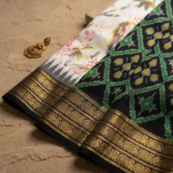 Crem_Black_Designer_Printed_And_Dolla_Silk_Fabric_Sarees