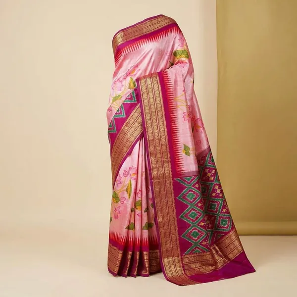 Multicolor_Pink_Designer_Printed_And_Dolla_Silk_Fabric_Sarees