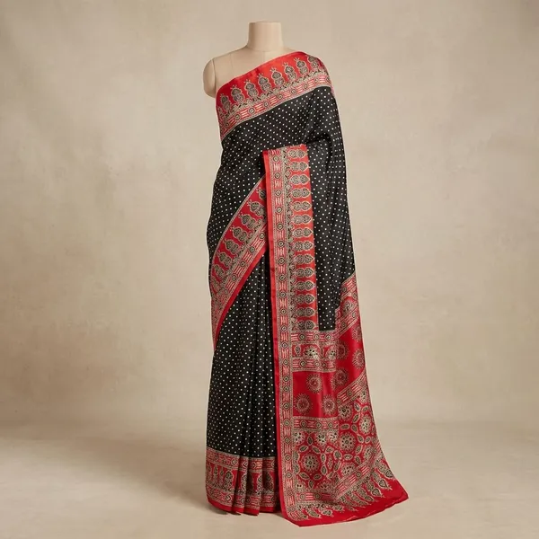 Red_And_Black_Semi_Gajji_Bandhej_Printed_Sarees