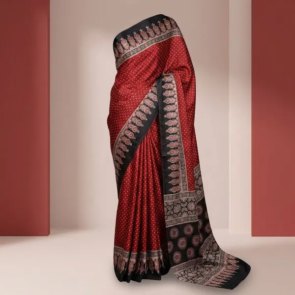 Red_And_Black_Semi_Gajji_Bandhej_Printed_Sarees