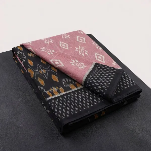 Black_And_Light_Pink_Khadi_Cotton_With_Hand_Block_Batik_Prints