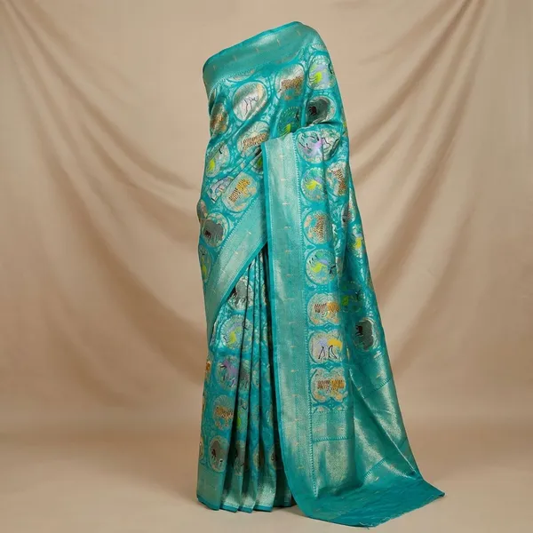 Multicolor_Blue_Designer_Printed_And_Dolla_Silk_Fabric_Sarees