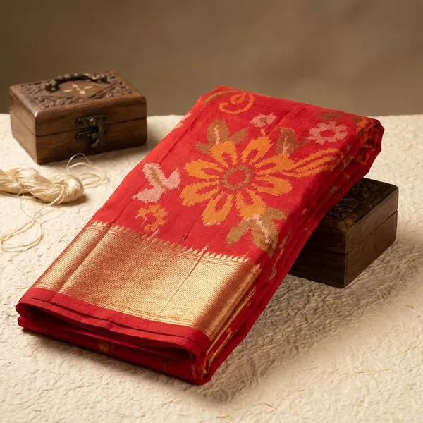 Green_And_Red_Twill_Ikkat_Designer_And_Dolla_Silk_Sarees