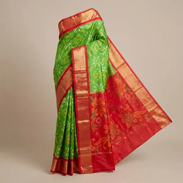 Green_And_Red_Twill_Ikkat_Designer_And_Dolla_Silk_Sarees
