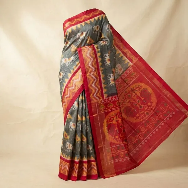 Red_And_Grey_Twill_Ikkat_Designer_And_Dolla_Silk_Sarees