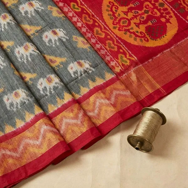 Red_And_Grey_Twill_Ikkat_Designer_And_Dolla_Silk_Sarees