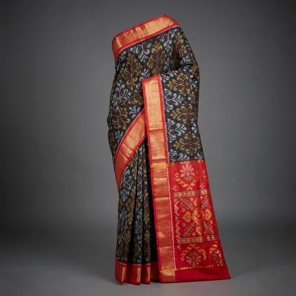 Multicolor_Red_Twill_Ikkat_Designer_And_Dolla_Silk_Sarees