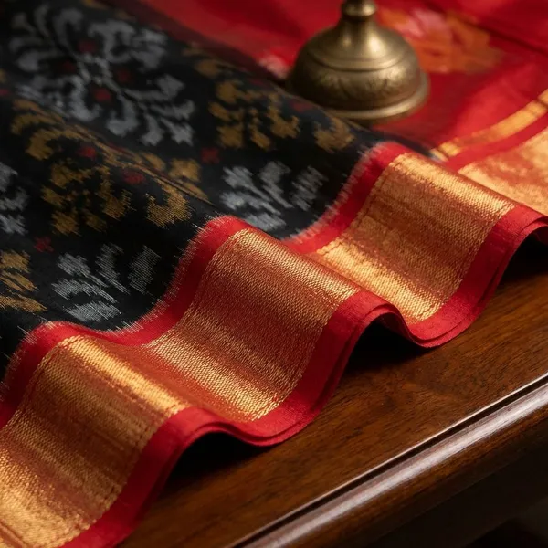Multicolor_Red_Twill_Ikkat_Designer_And_Dolla_Silk_Sarees