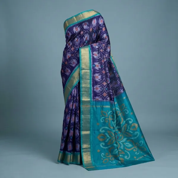 Multicolor_Blue_Twill_Ikkat_Designer_And_Dolla_Silk_Sarees