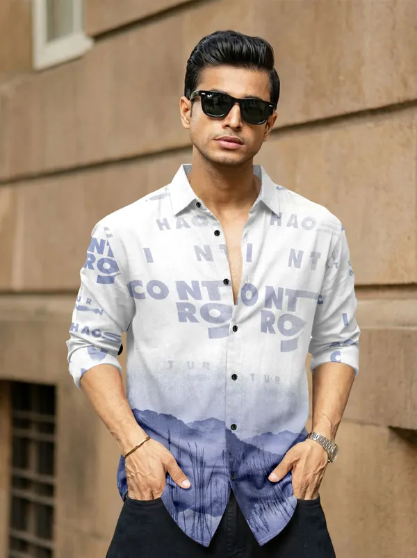 White_And_Blue_Cotton_Blend_Graphic_Print_Full_Sleeve_Shirt_For_Men