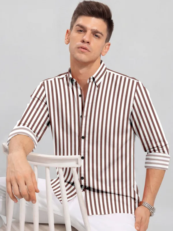 White_And_Brown_Cotton_Blend_Striped_Full_Sleeve_Shirt_For_Men