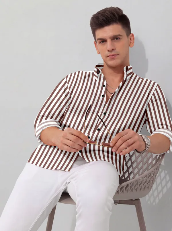 White_And_Brown_Cotton_Blend_Striped_Full_Sleeve_Shirt_For_Men