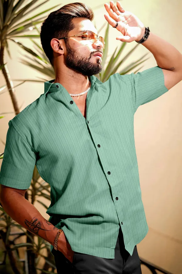 Green_Cotton_Blend_Self_Design_Half_Sleeve_Shirt_For_Men