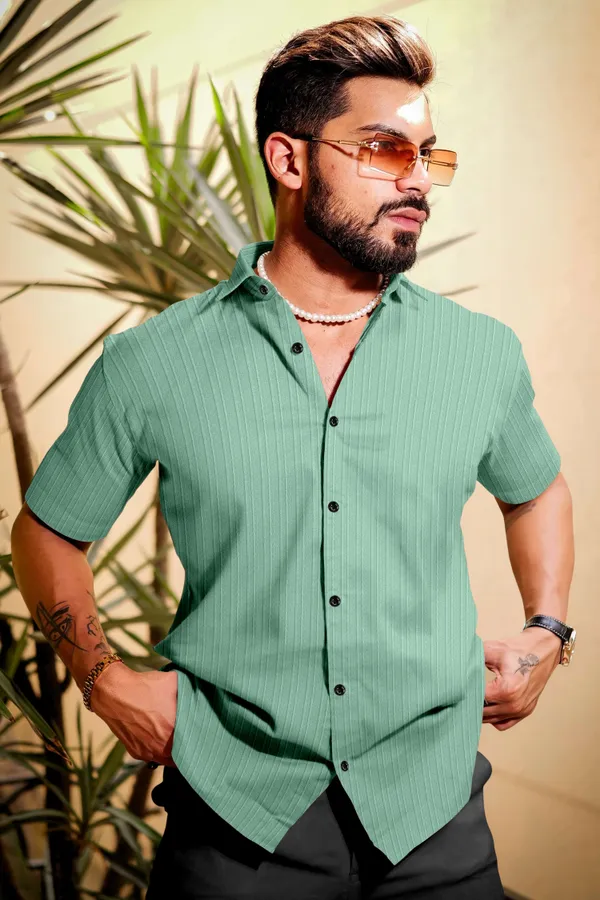 Green_Cotton_Blend_Self_Design_Half_Sleeve_Shirt_For_Men