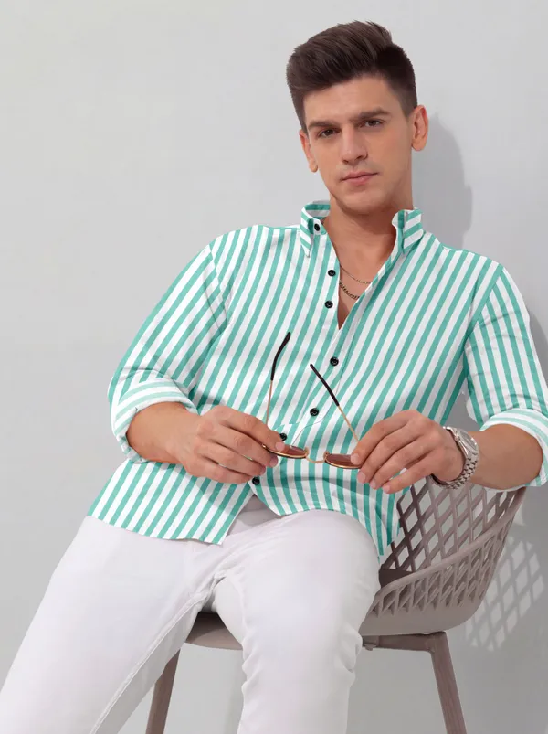 Green_Cotton_Blend_Striped_Full_Sleeve_Shirt_For_Men