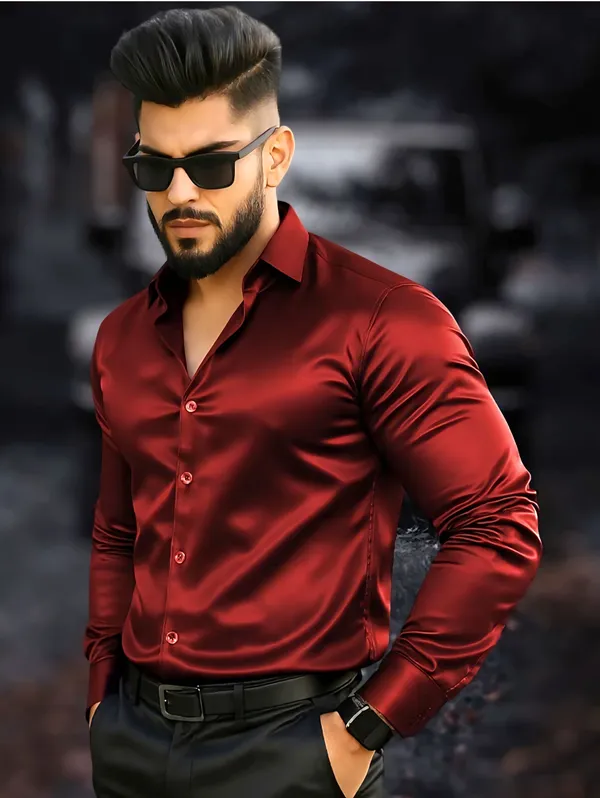 Maroon_Satin_Solid_Full_Sleeve_Shirt_For_Men