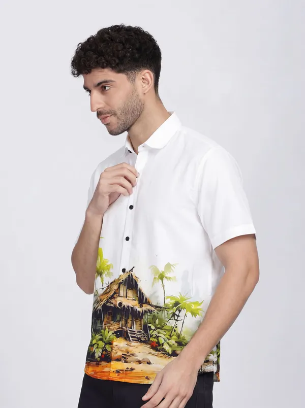 White_Cotton_Casual_Printed_Half_Sleeve_Shirt_For_Men